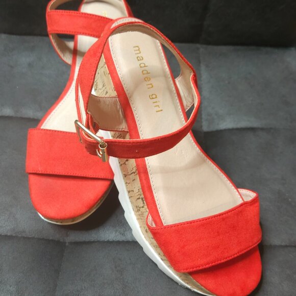 Red Suede Platform Sandals | Cork Wedge | Adjustable Strap | Size 7 - Picture 3 of 5